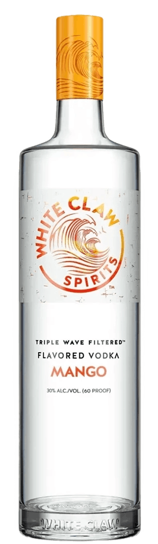 WHITE CLAW® Flavored Vodka Mango with a wave motif to the right of the bottle 