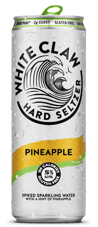 A can of White Claw® Hard Seltzer Pineapple sits on rocks in front of the sea.