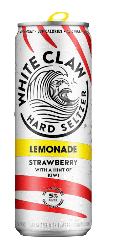 A can of White Claw® REFRSHR™ Lemonade Strawberry sits on rocks in front of the sea.