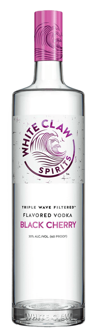 WHITE CLAW™ Flavored Vodka Black Cherry with a wave motif to the right of the bottle 		