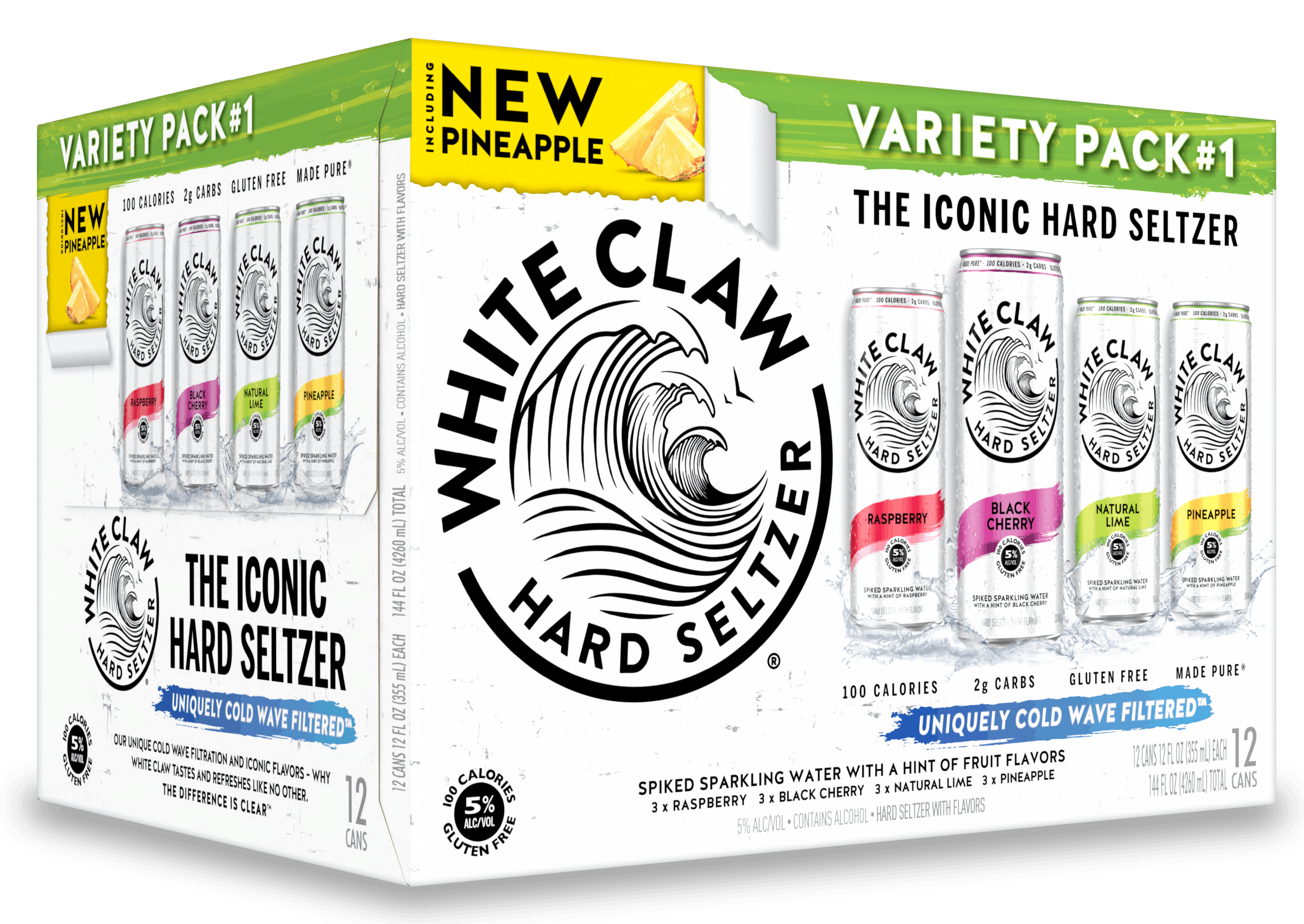 Variety Pack No 1 of White Claw® Hard Seltzer sits on rocks in front of the sea.