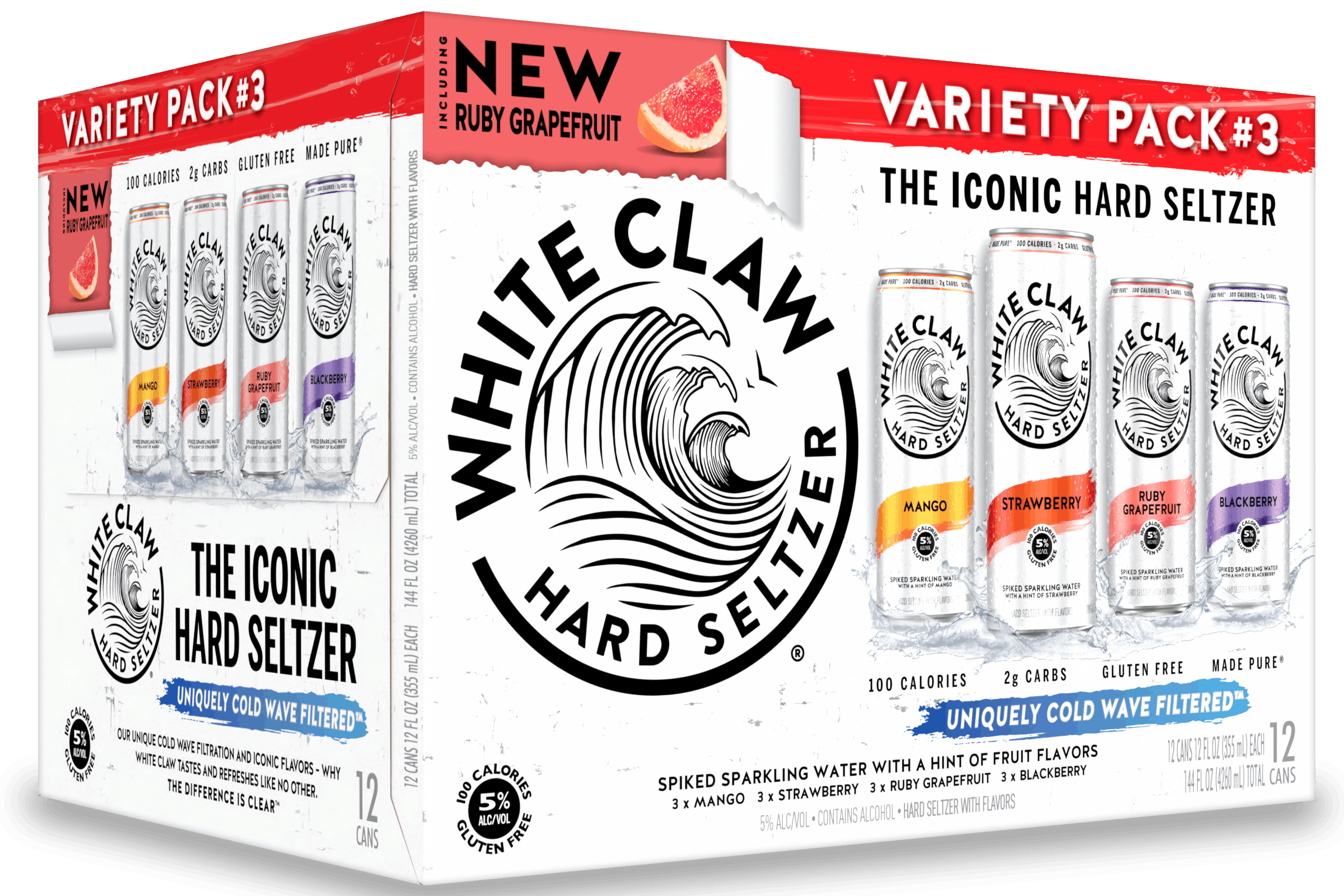 Variety Pack No 3 of White Claw® Hard Seltzer sits on rocks in front of the sea.
