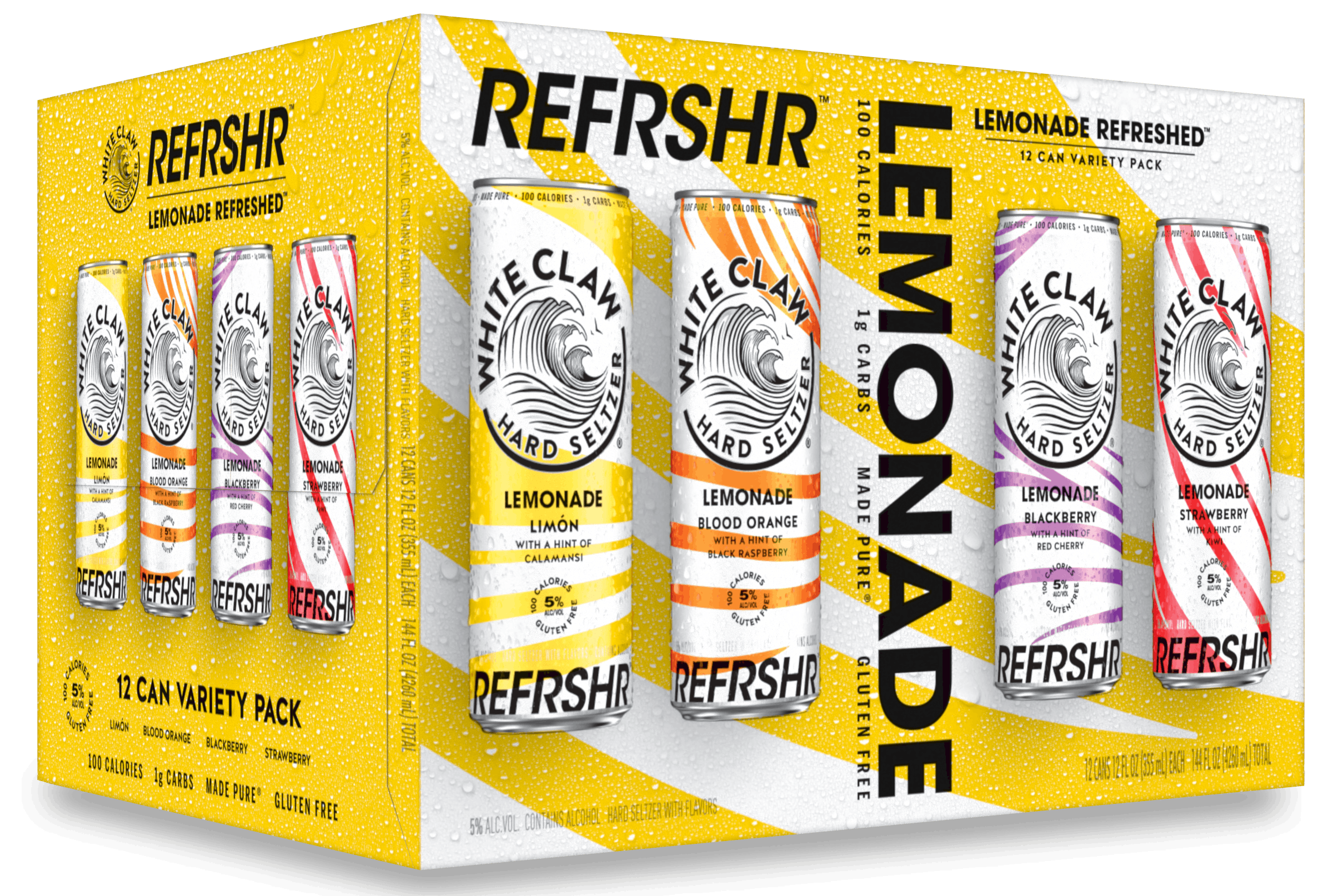 A Variety Pack of White Claw® REFRSHR™ Lemonade sits on rocks in front of the sea.