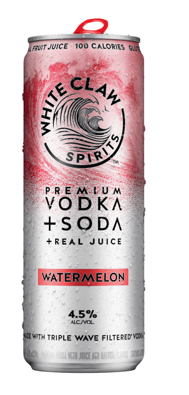 A can of White Claw™ Vodka + Soda Watermelon sits on rocks in front of the sea.