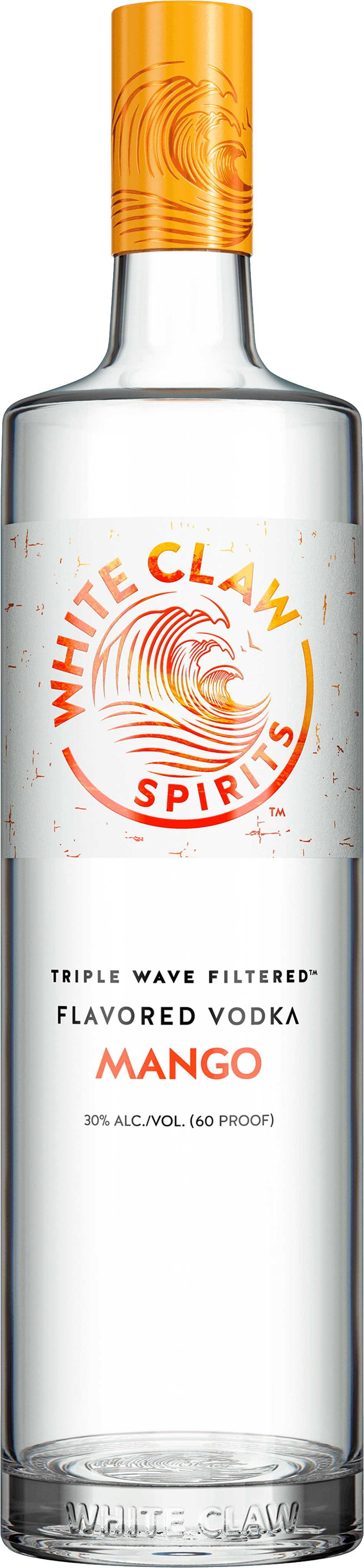 White Claw™ Flavored Vodka Mango. The bottle is over an image of a crashing wave.		