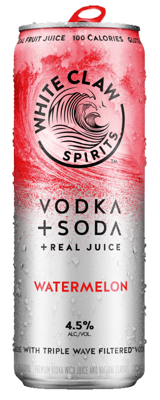 Una lata de White Claw™ Vodka + Soda Sandía descansa sobre unas rocas frente al mar.