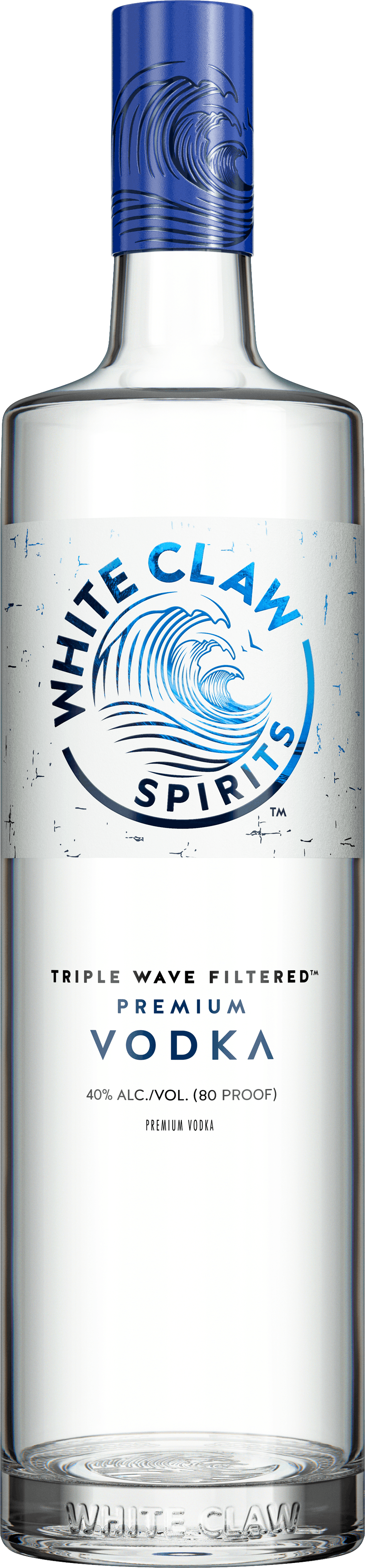Vodka White Claw™ Premium. La botella está sobre la imagen de una ola que rompe.		