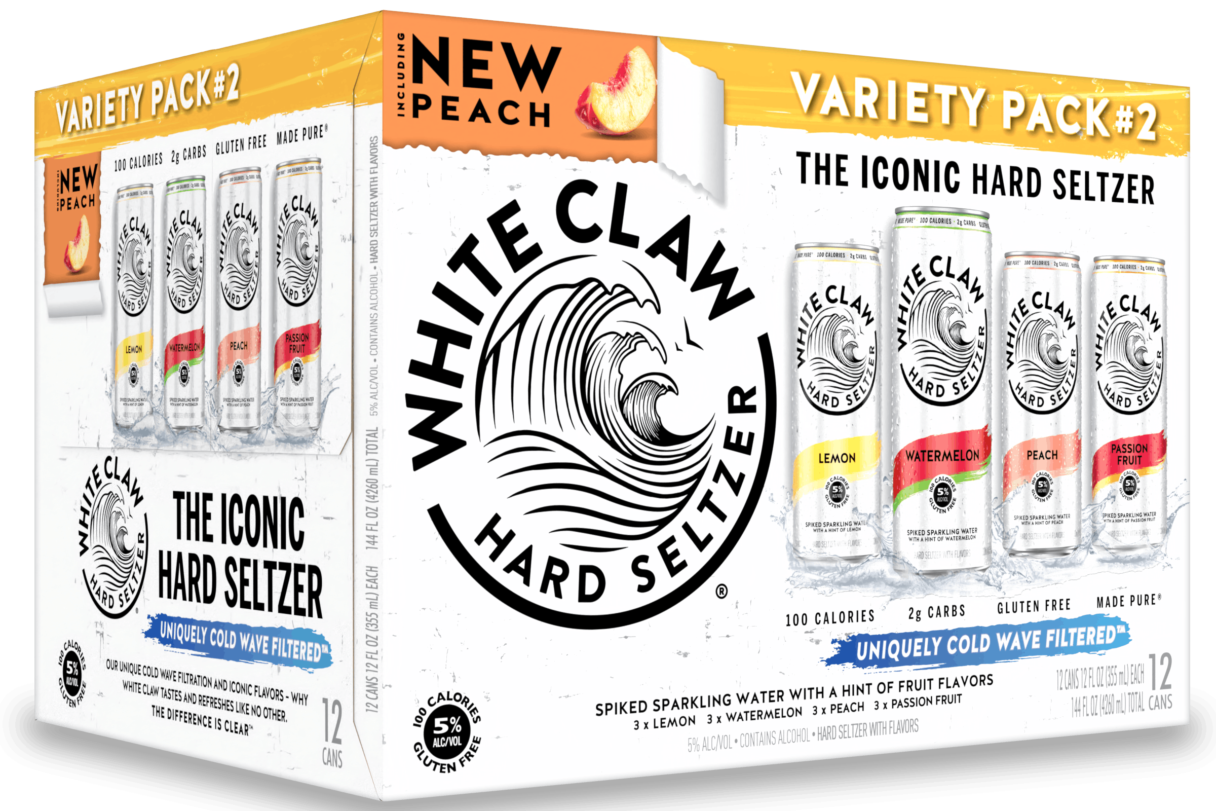 Variety Pack No 2 of White Claw® Hard Seltzer sits on rocks in front of the sea.