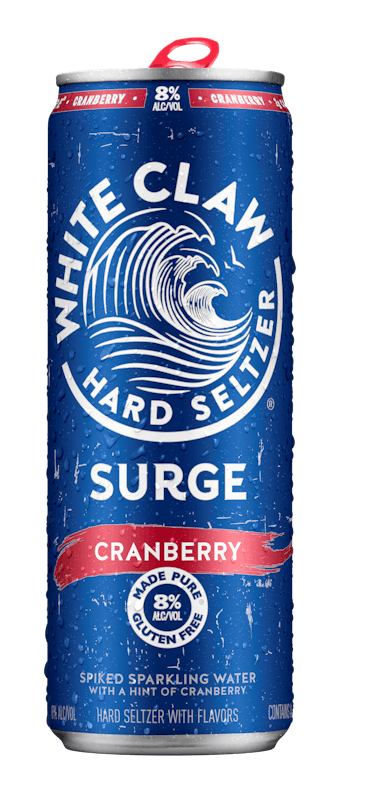 A can of White Claw® Surge Cranberry sits on rocks in front of the sea.