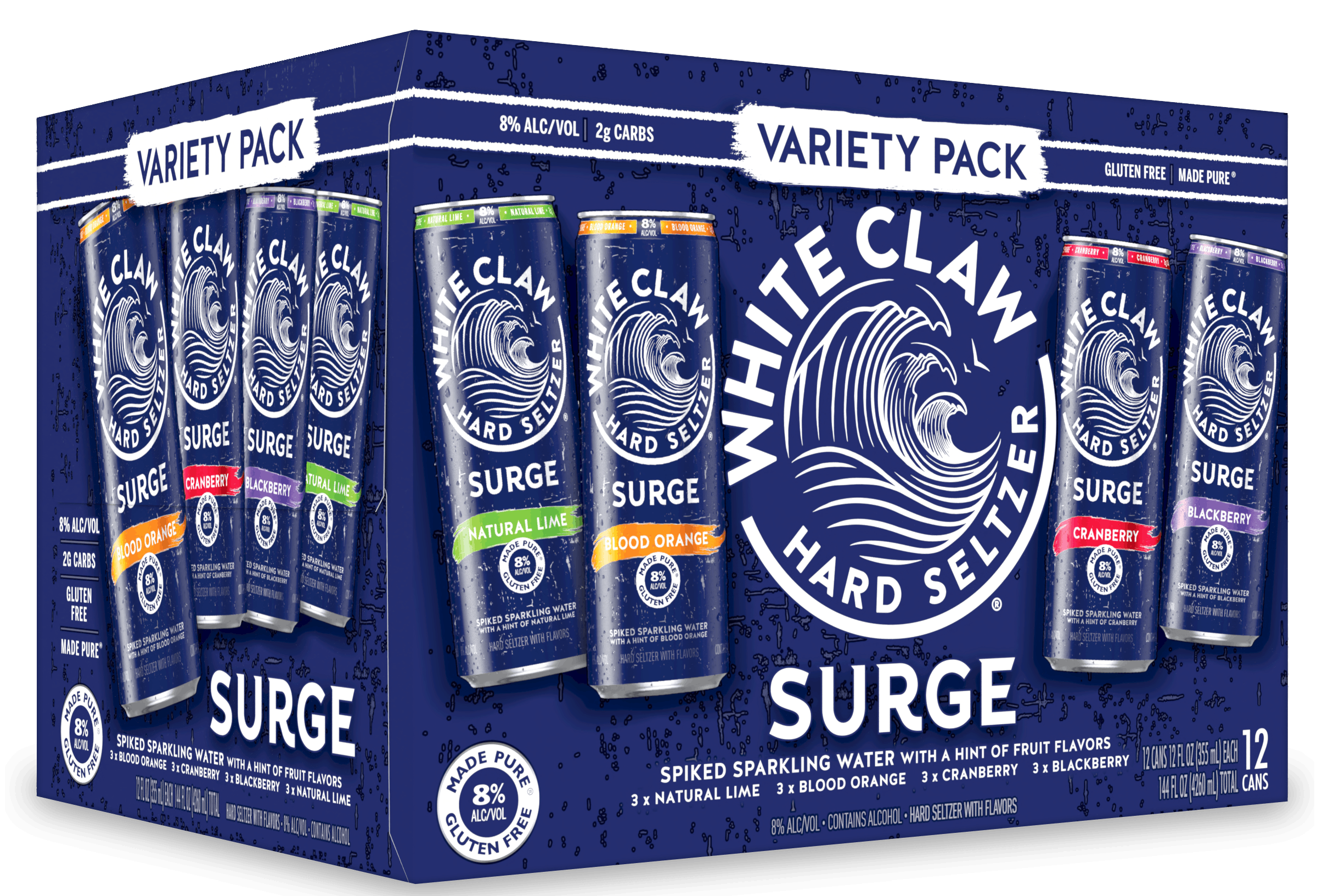 A Variety Pack of White Claw® Surge sits on rocks in front of the sea.