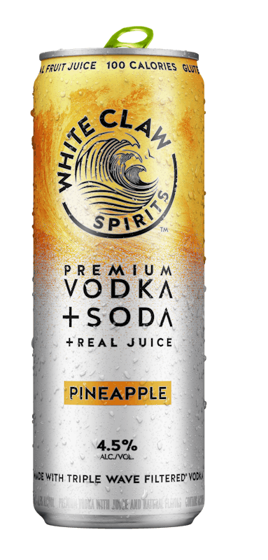 A can of White Claw™ Vodka + Soda Pineapple sits on rocks in front of the sea.