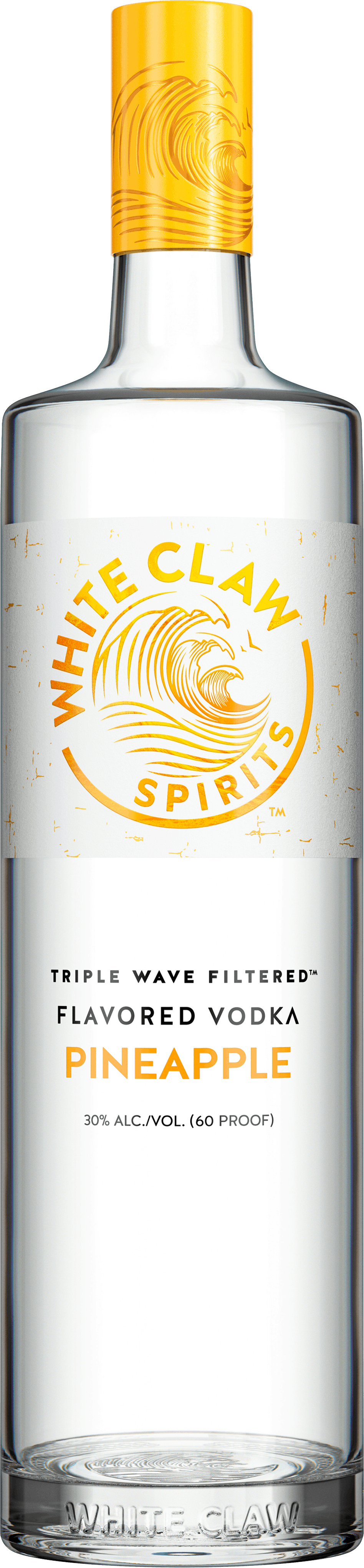 White Claw™ Flavored Vodka Pineapple. The bottle is over an image of a crashing wave.