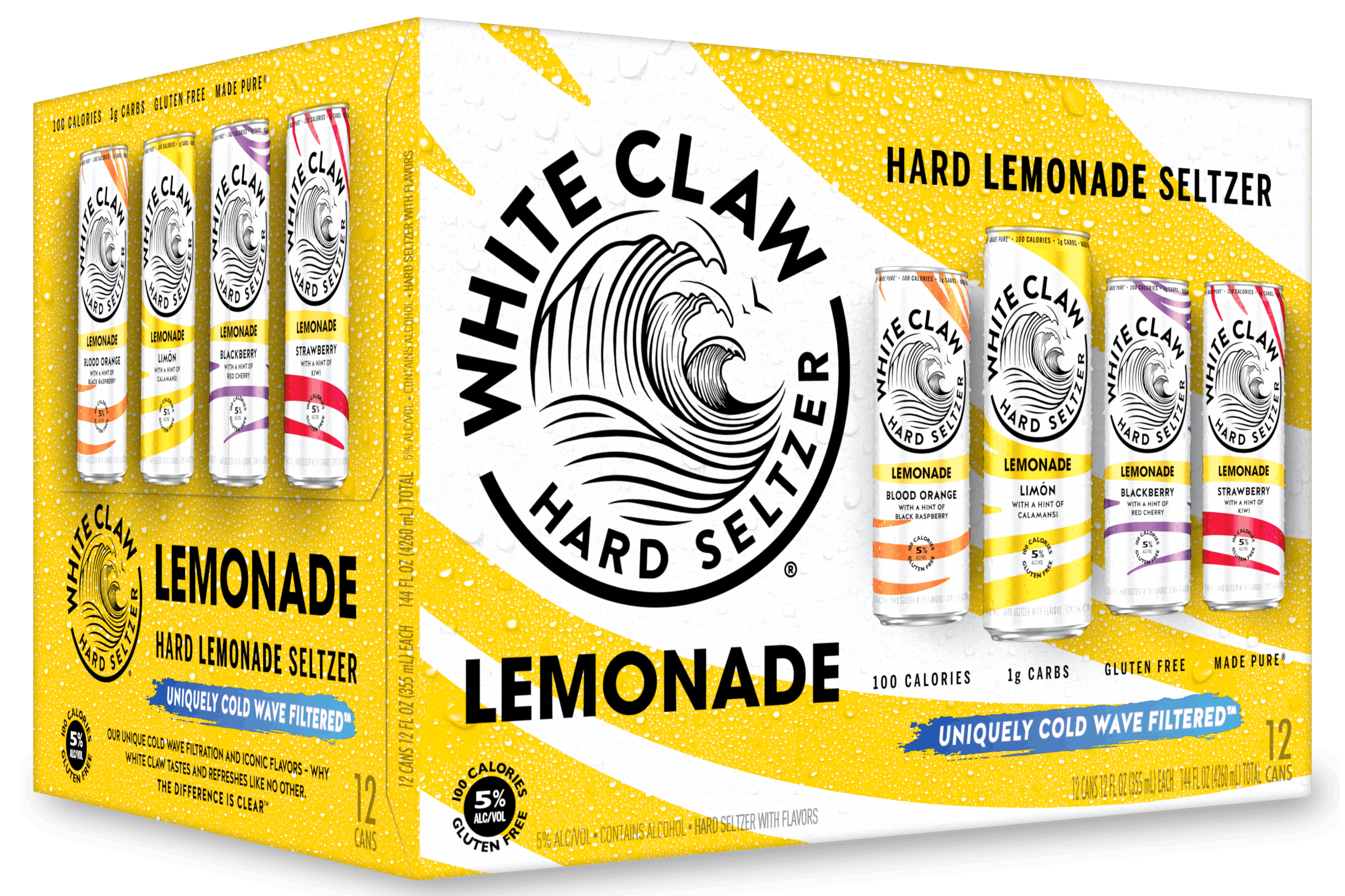 Una colección variedad de sabores de White Claw® REFRSHR™ Lemonade descansa sobre unas rocas frente al mar.	