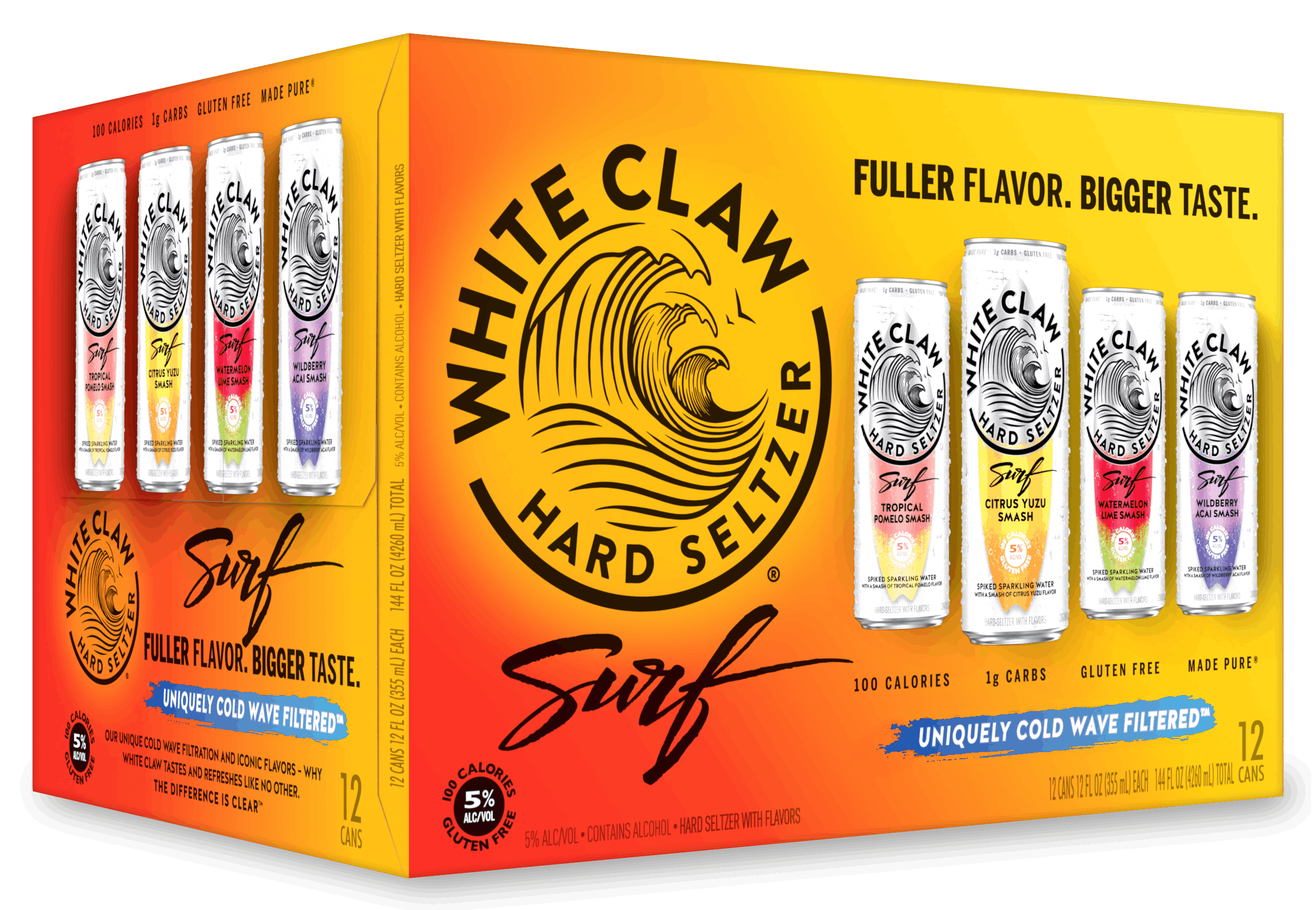 A White Claw® Surf Variety Pack sits on rocks in front of the sea.