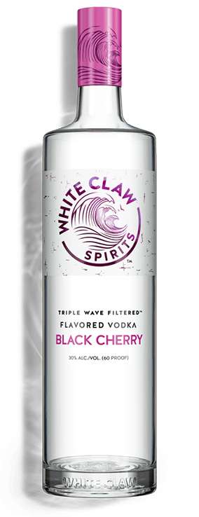 WHITE CLAW™ Flavored Vodka Black Cherry with a wave motif to the right of the bottle 		