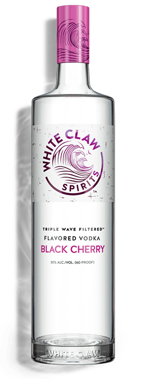 WHITE CLAW® Flavored Vodka Black Cherry with a wave motif to the right of the bottle 		