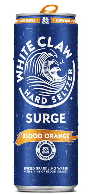A can of White Claw® Surge Blood Orange sits on rocks in front of the sea.