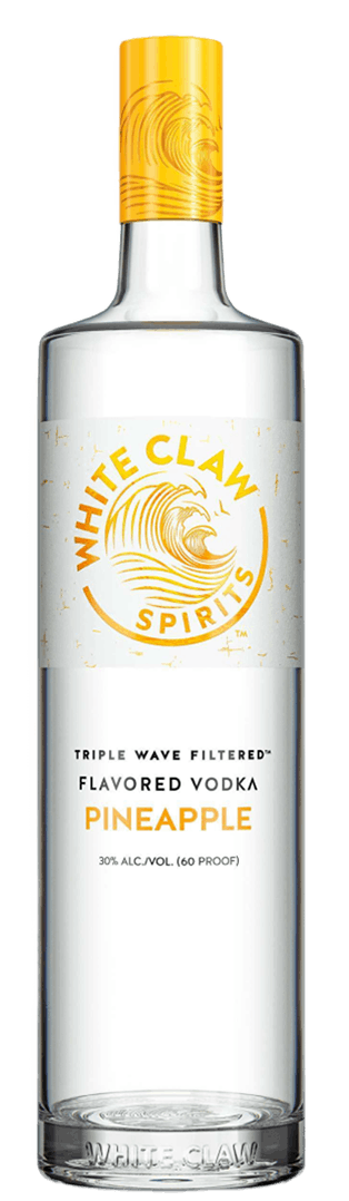 WHITE CLAW® Flavored Vodka Pineapple with a wave motif to the right of the bottle 		