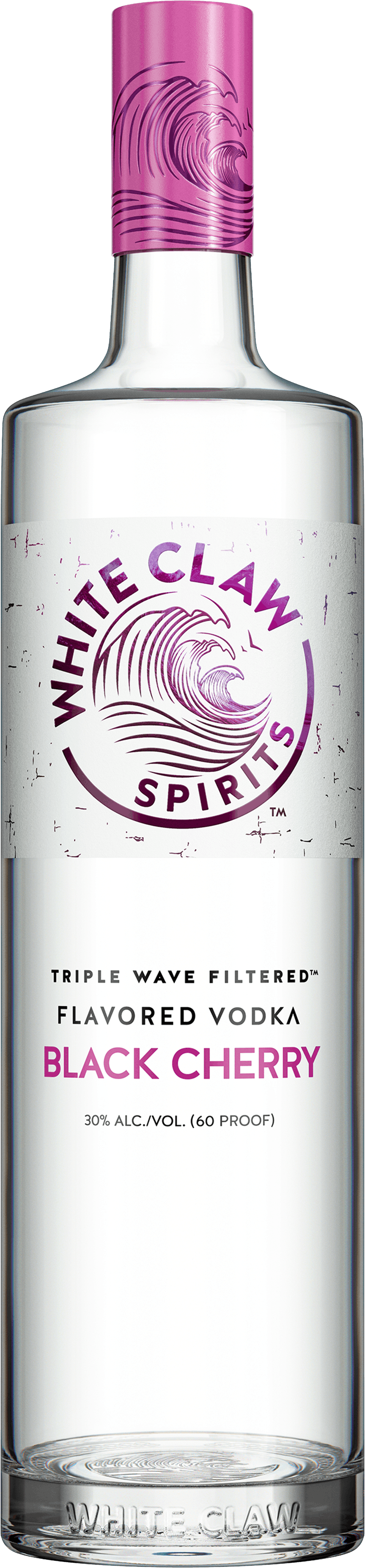 White Claw™ Flavored Vodka Black Cherry. The bottle is over an image of a crashing wave.