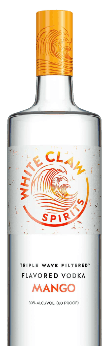 WHITE CLAW™ Flavored Vodka Mango con la imagen de una ola a la derecha de la botella. 		