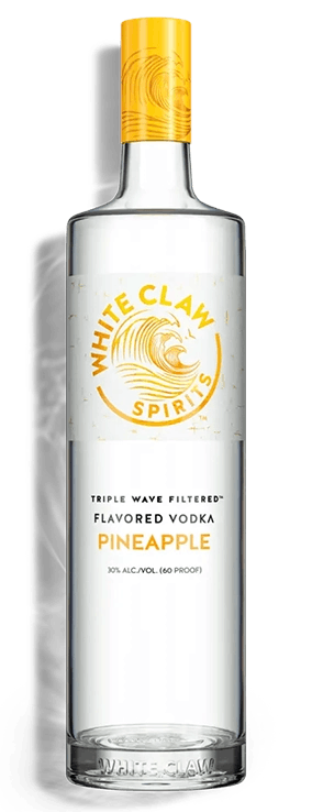 WHITE CLAW® Flavored Vodka Pineapple with a wave motif to the right of the bottle