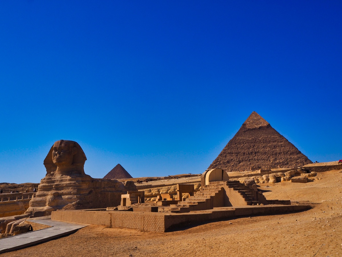 The Great Sphinx in front of the pyramids