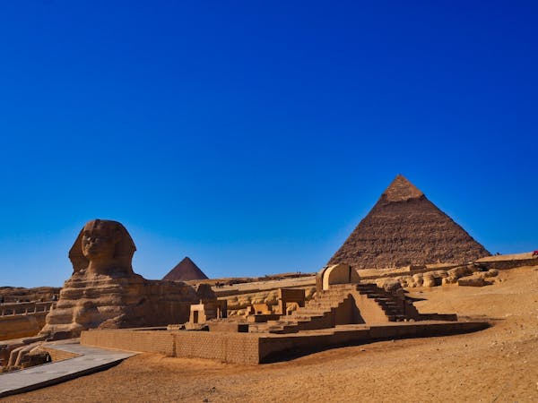 The Great Sphinx in front of the pyramids
