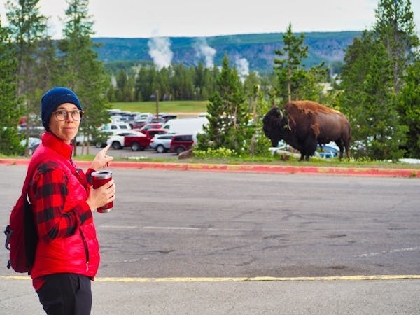 Laura in front of a live Bison