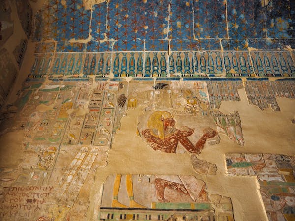 Colored hieroglyphics inside Hatshepsut Temple