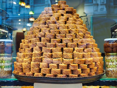 a tower of honeyed baklava