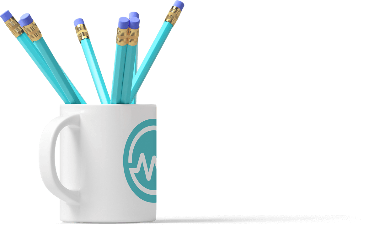 Collection of pencils in a coffee mug branded with the WealthFit Logo.