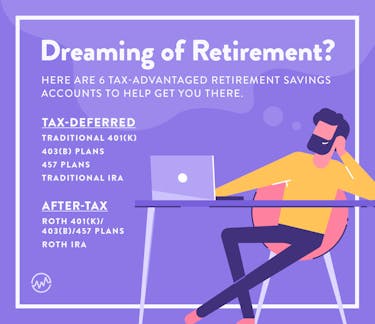 Dreaming of retirement graphic with a man working on a computer