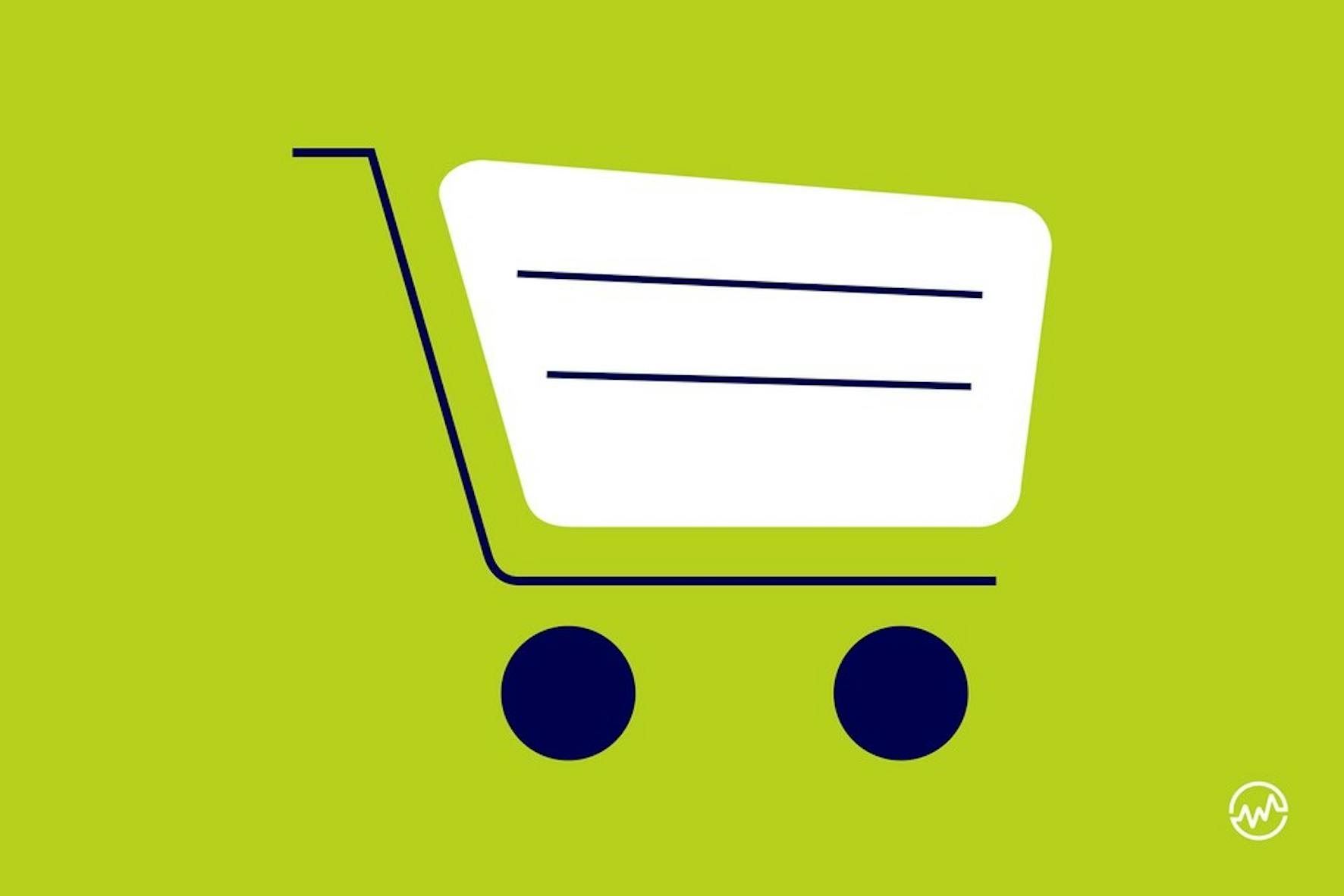 An outline of a shopping cart on a green background
