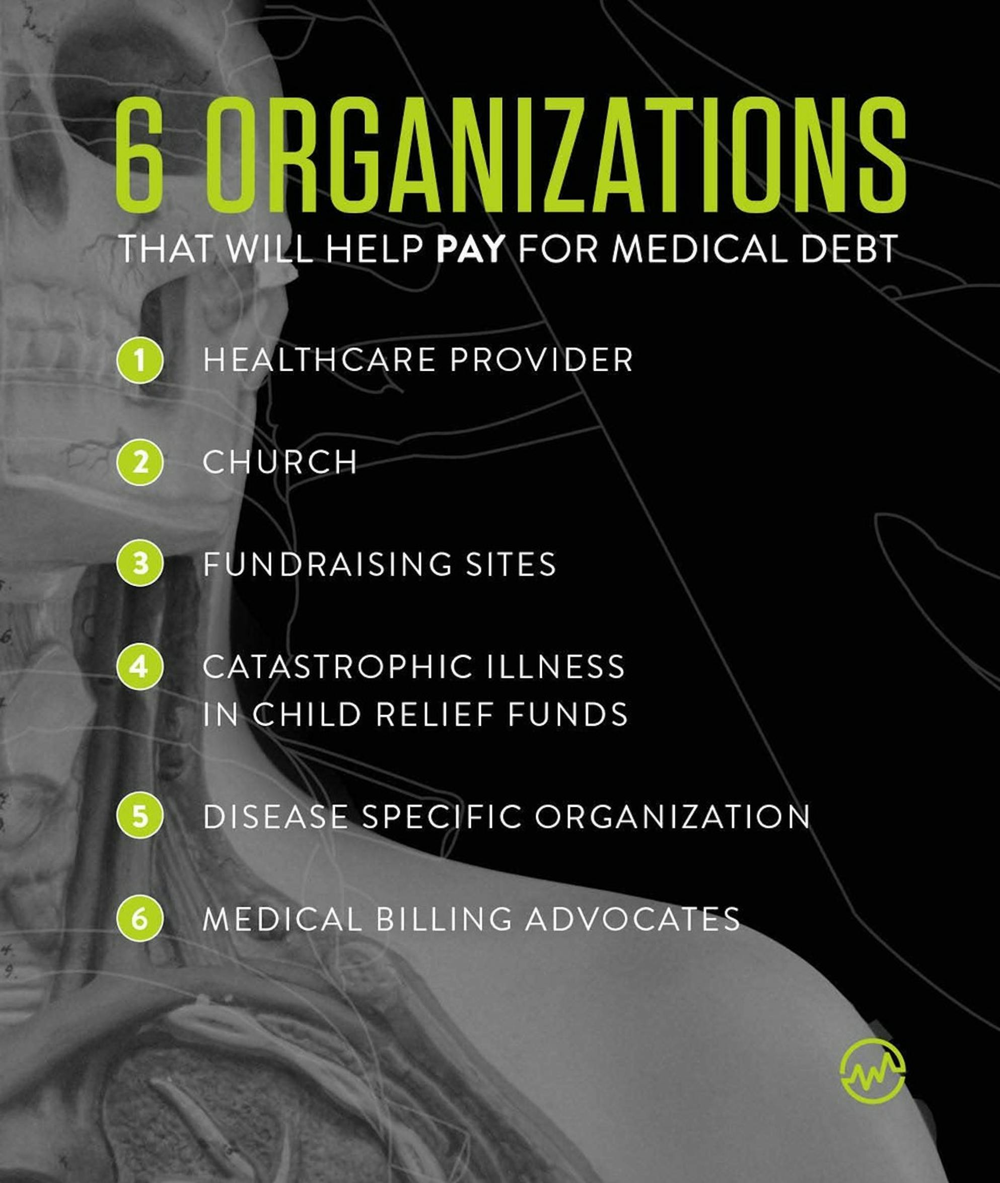 6 organizations that help pay medical bills: an X ray image of a patient's head, chest and shoulder