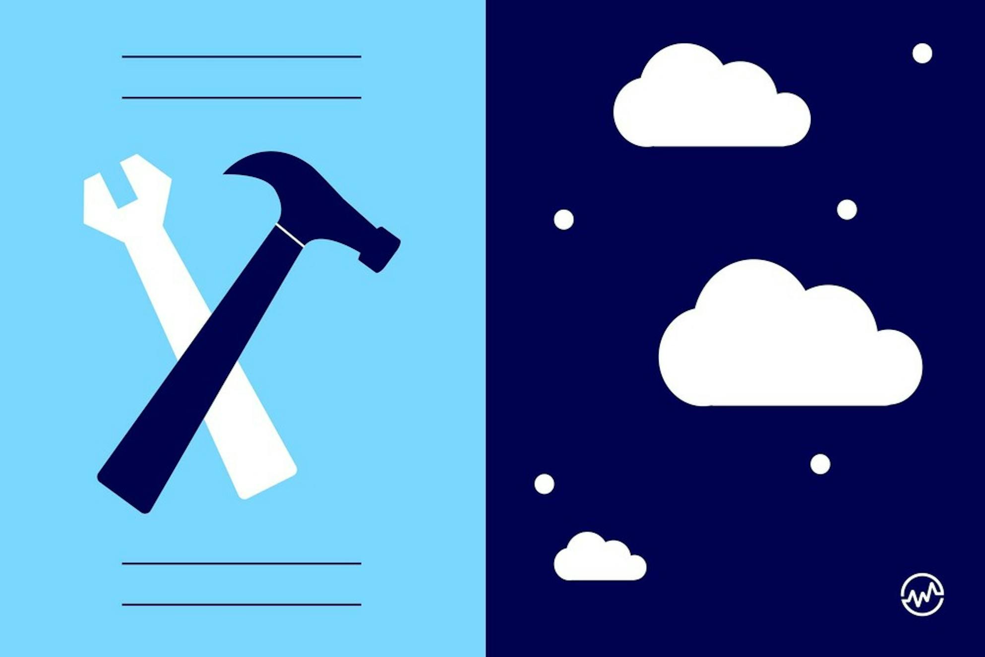 A hammer and wrench representing hard inquries and a night sky with clouds representing soft queries