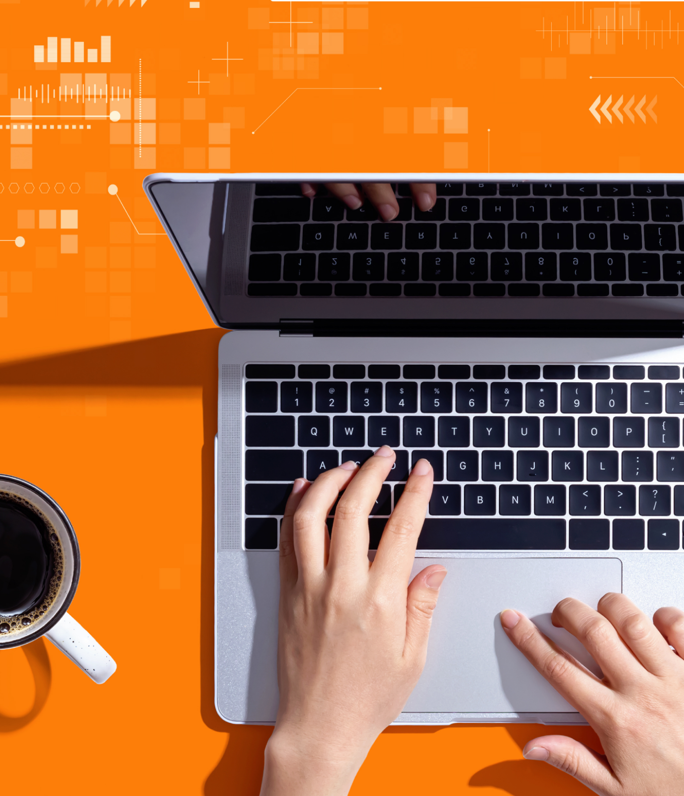 Image of a pair of hands on a laptop, with a coffee cup and notebook nearby, on an orange background