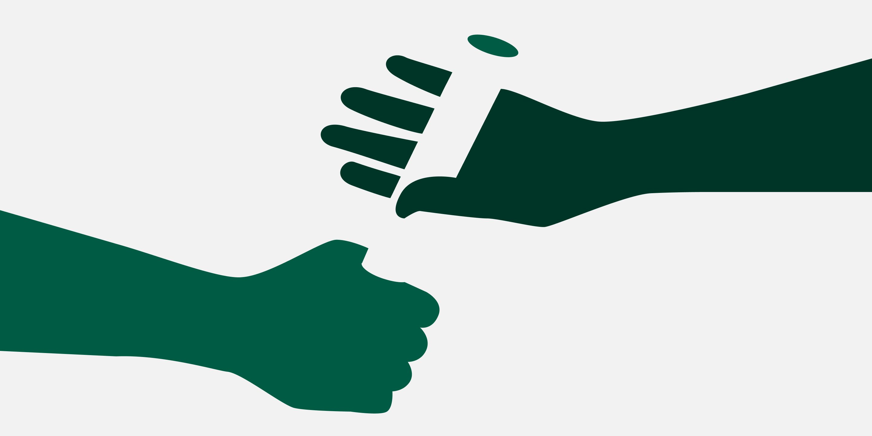 Simple graphic showing two solid dark green hands passing a baton over a light grey background, symbolizing the Sales Handoff process