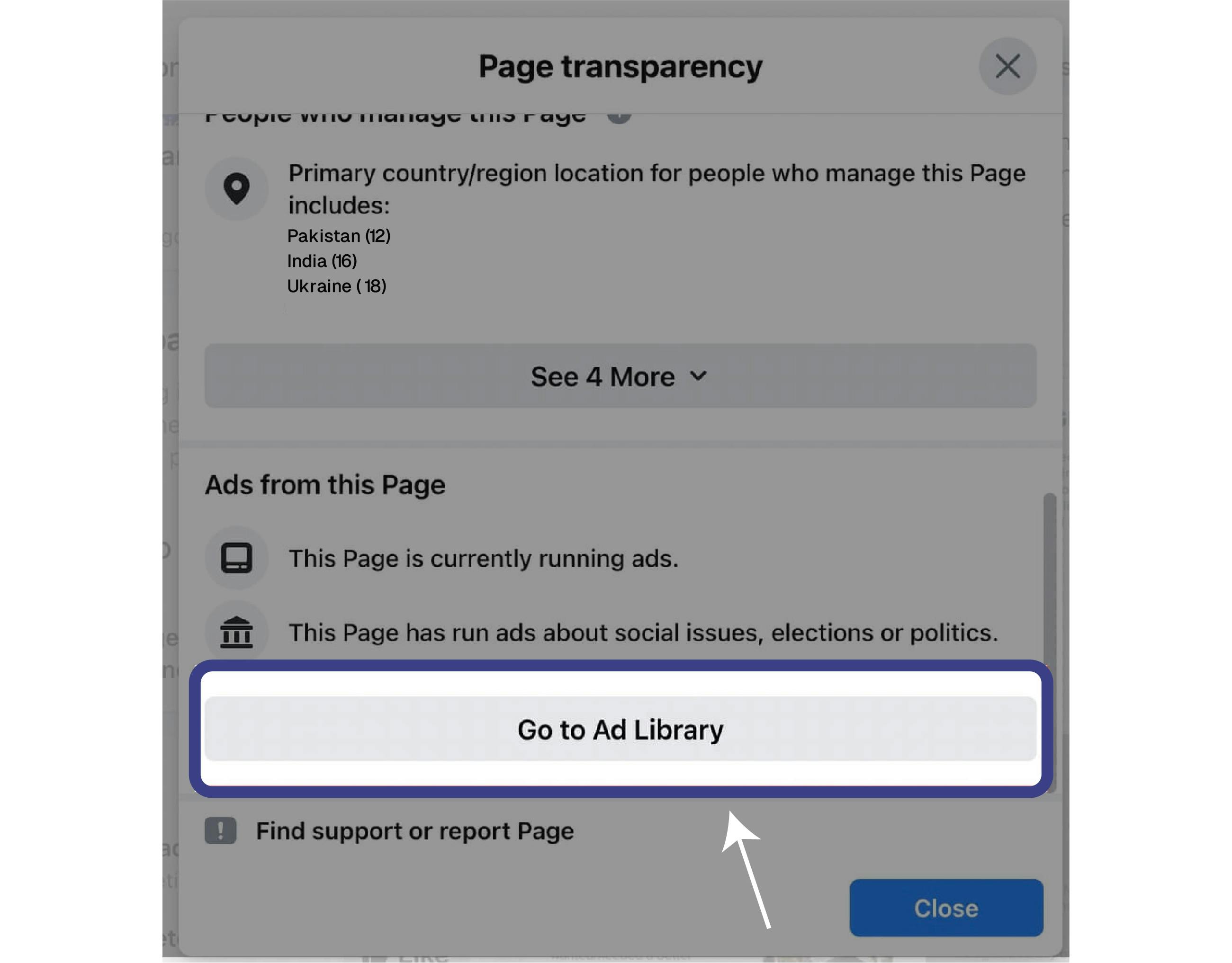 select “Go to Ad Library” under the Ads from this Page section.