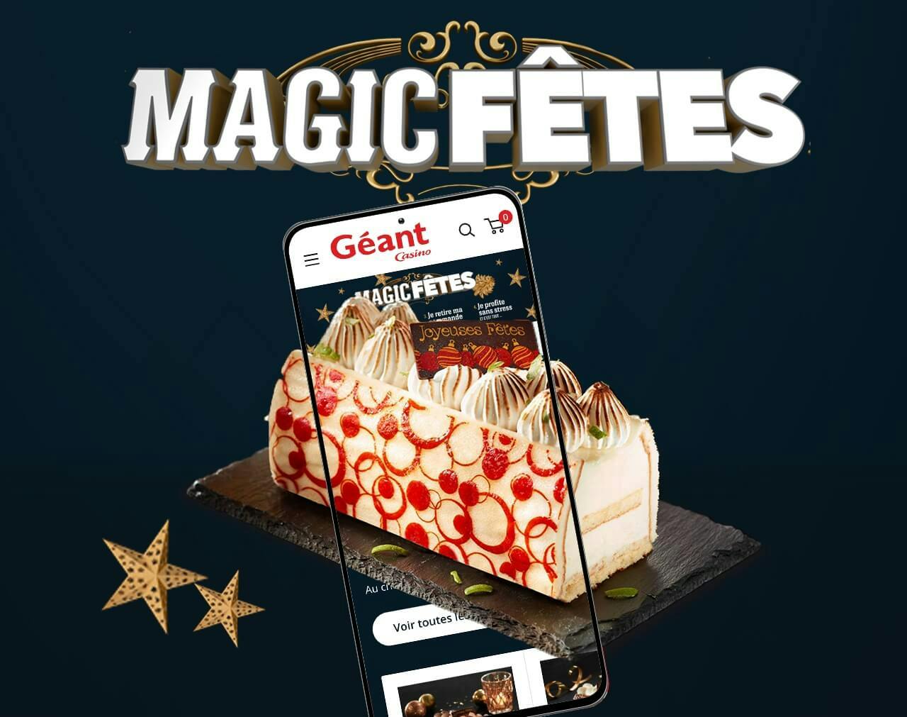 Une buche de Noel vu au travers du site internet de Géant Casino sur un smartphone