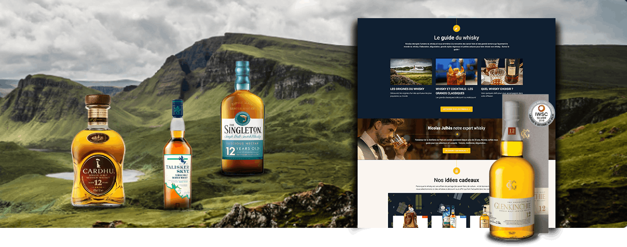 Extrait d'une page du site internet Destination Whisky mis en scène devant un paysage écossais et des bouteilles de whisky