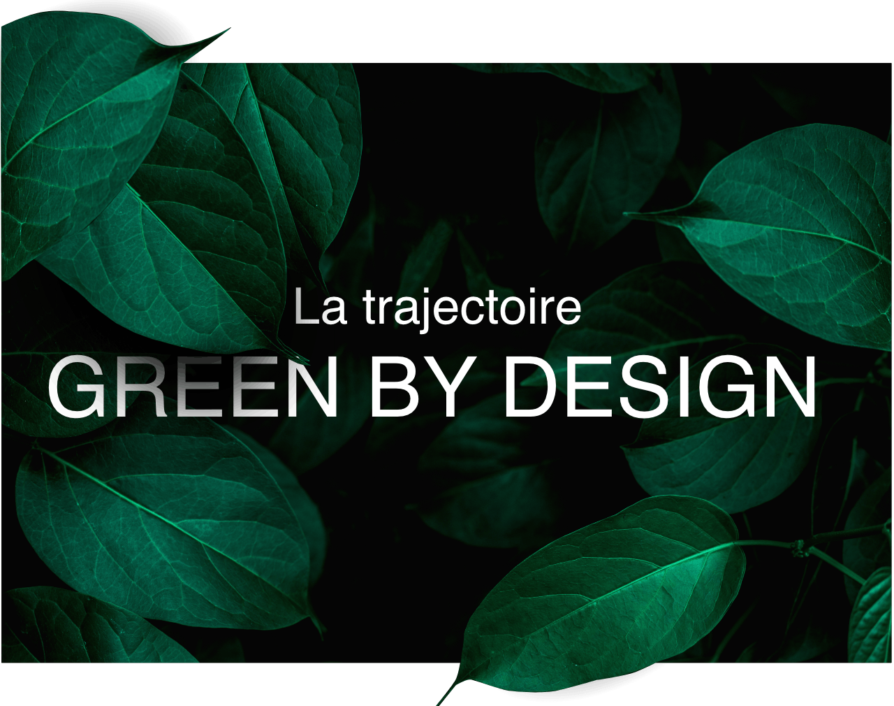 Le texte 'la trajectoire Green By Design' affiché sur fond noir et entouré de feuilles vertes