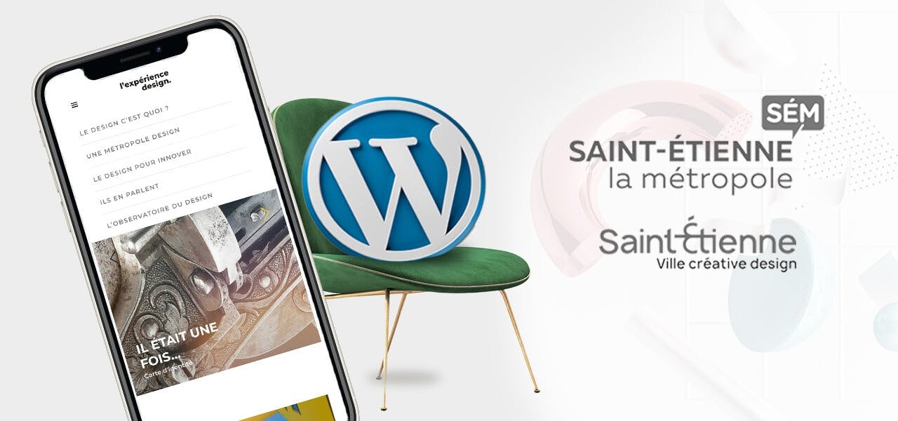 Le site internet de Saint Etienne Métropole vu depuis un smartphone devant le logo Wordpress