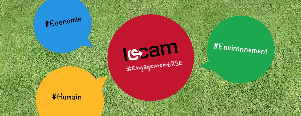 Le Logo Locam entouré de bulle de BD représentant les thèmes du site internet RSE : Economie, Environnement, Humain