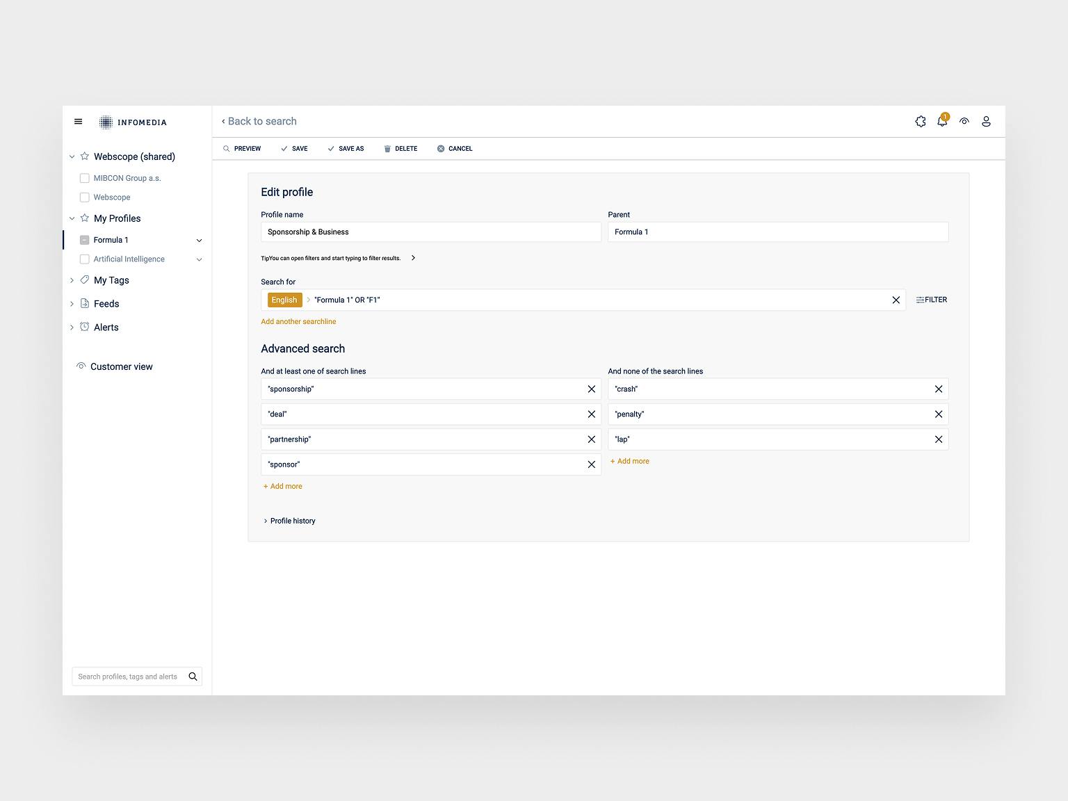 A screenshot of Infomedia's old profile editor