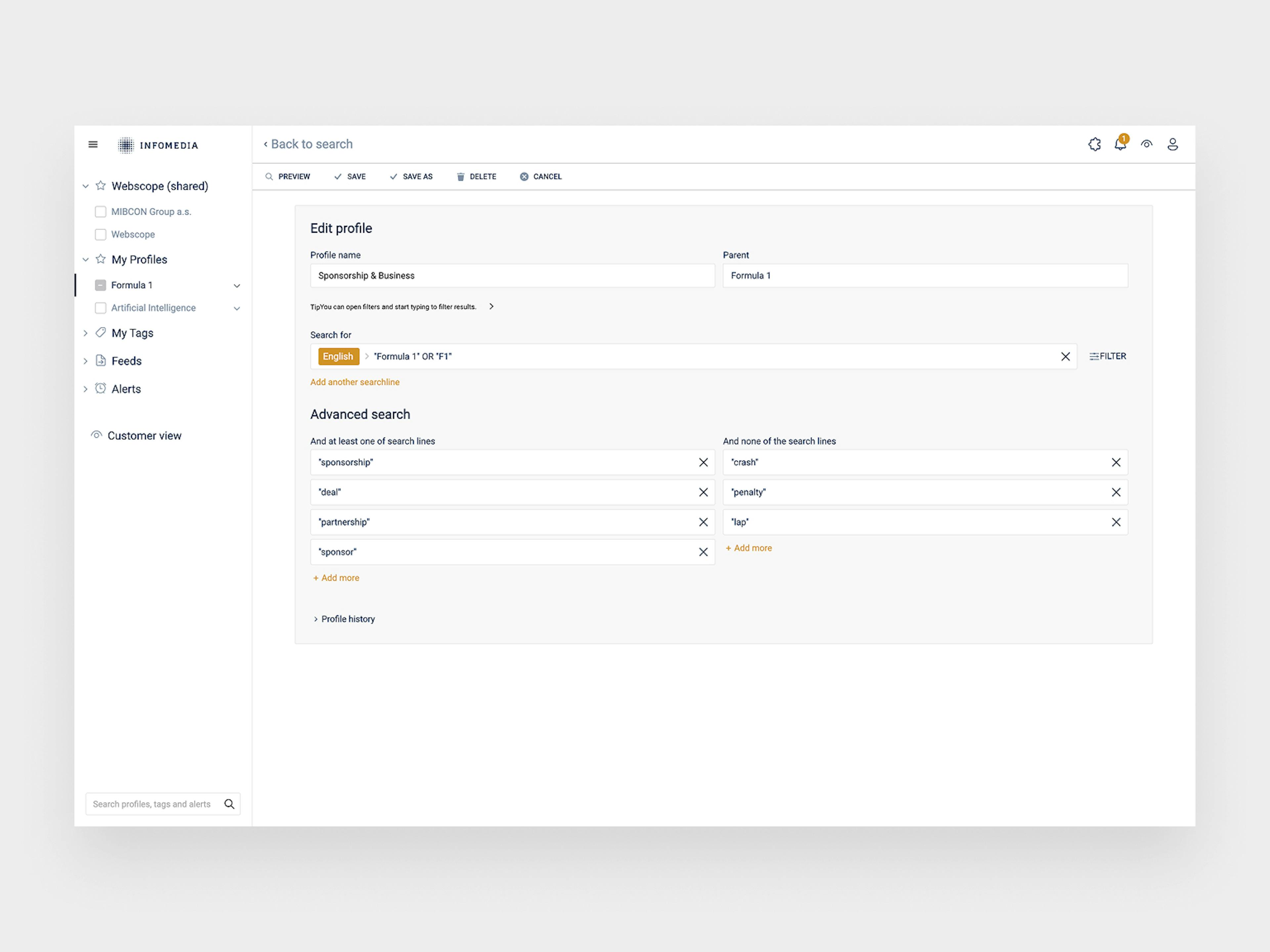 A screenshot of Infomedia's old profile editor