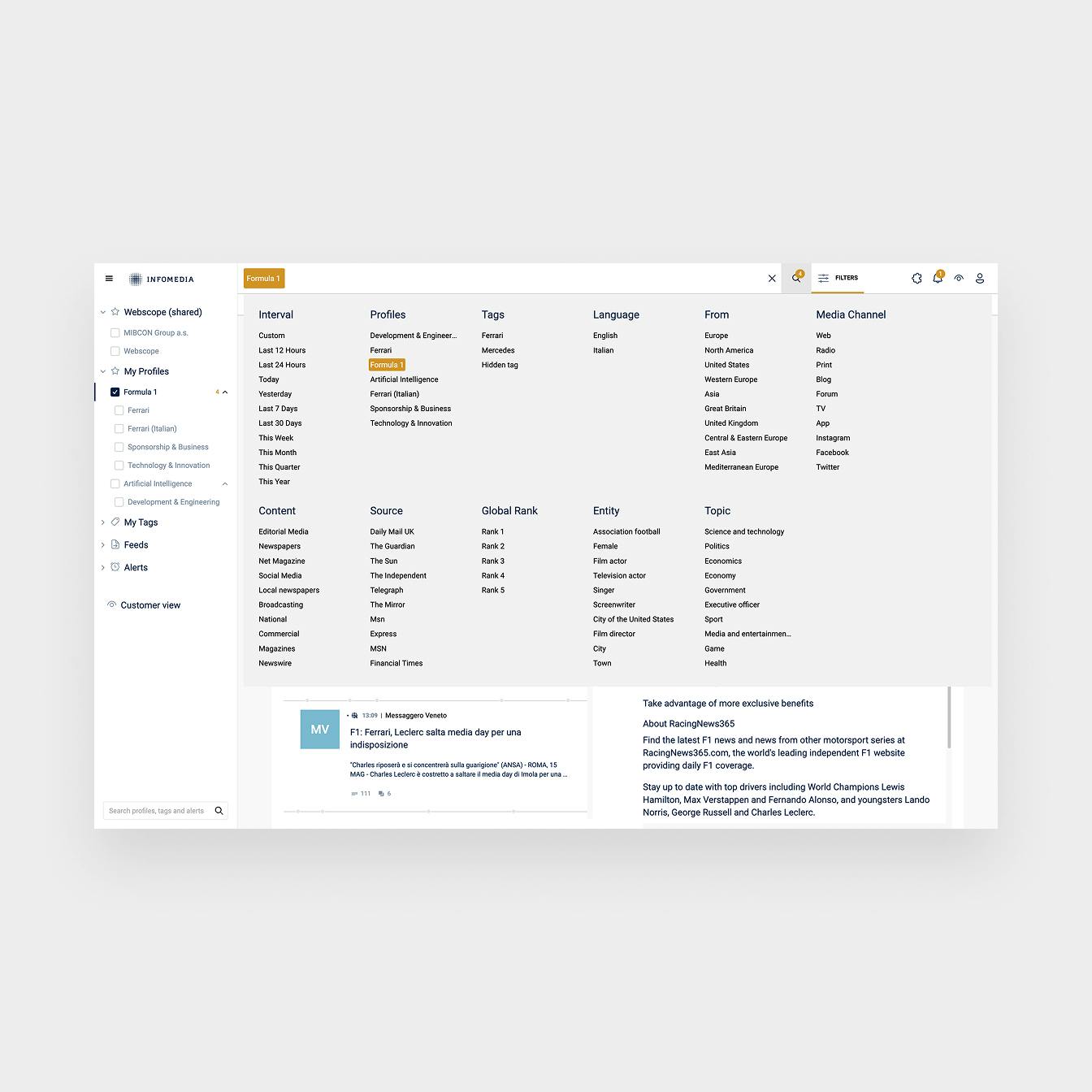 A screenshot of Infomedia's old search filter menu