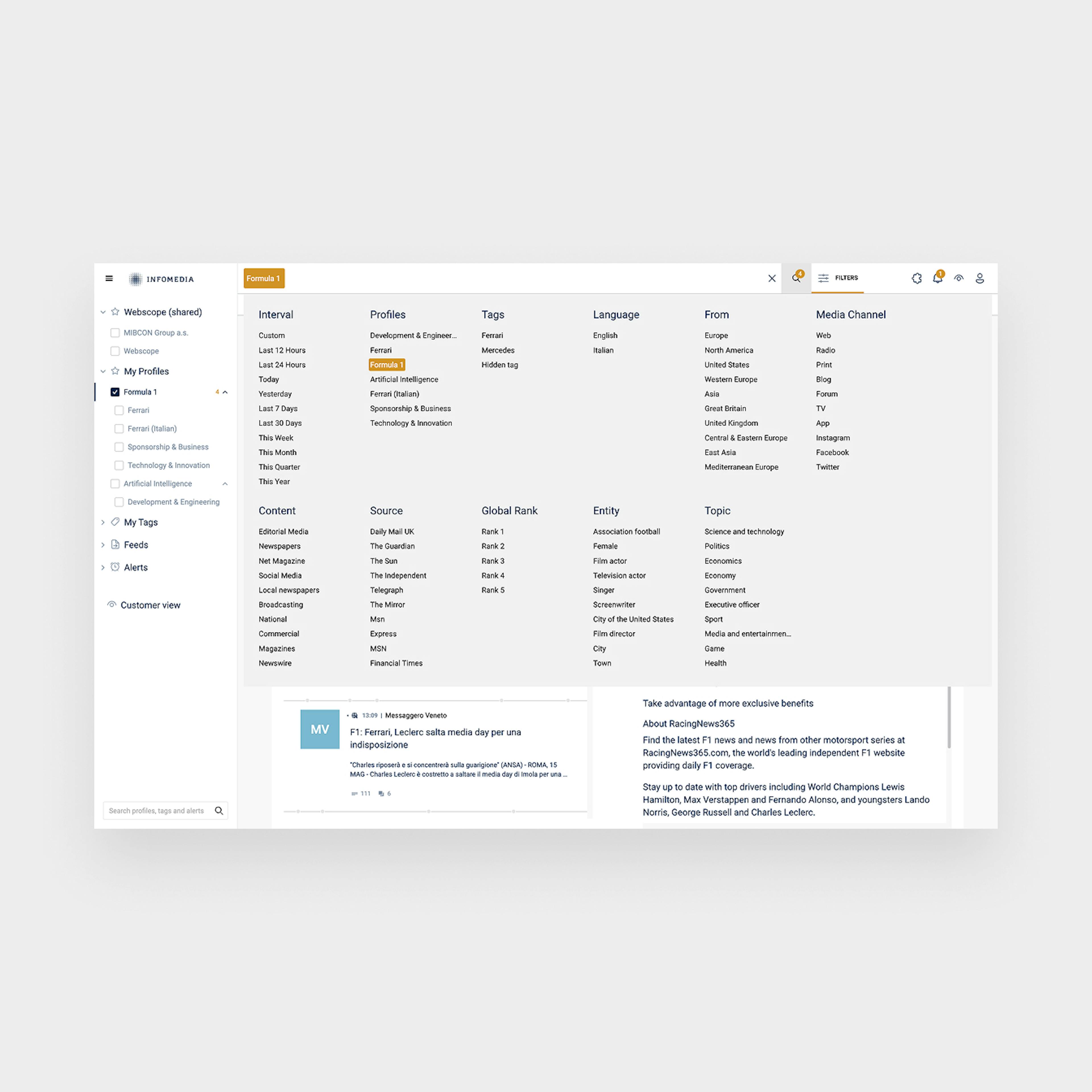 A screenshot of Infomedia's old search filter menu