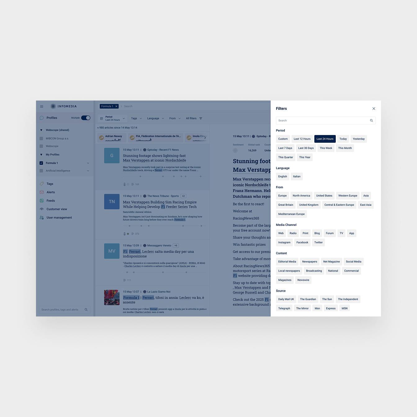 A screenshot of Infomedia's new search filter menu