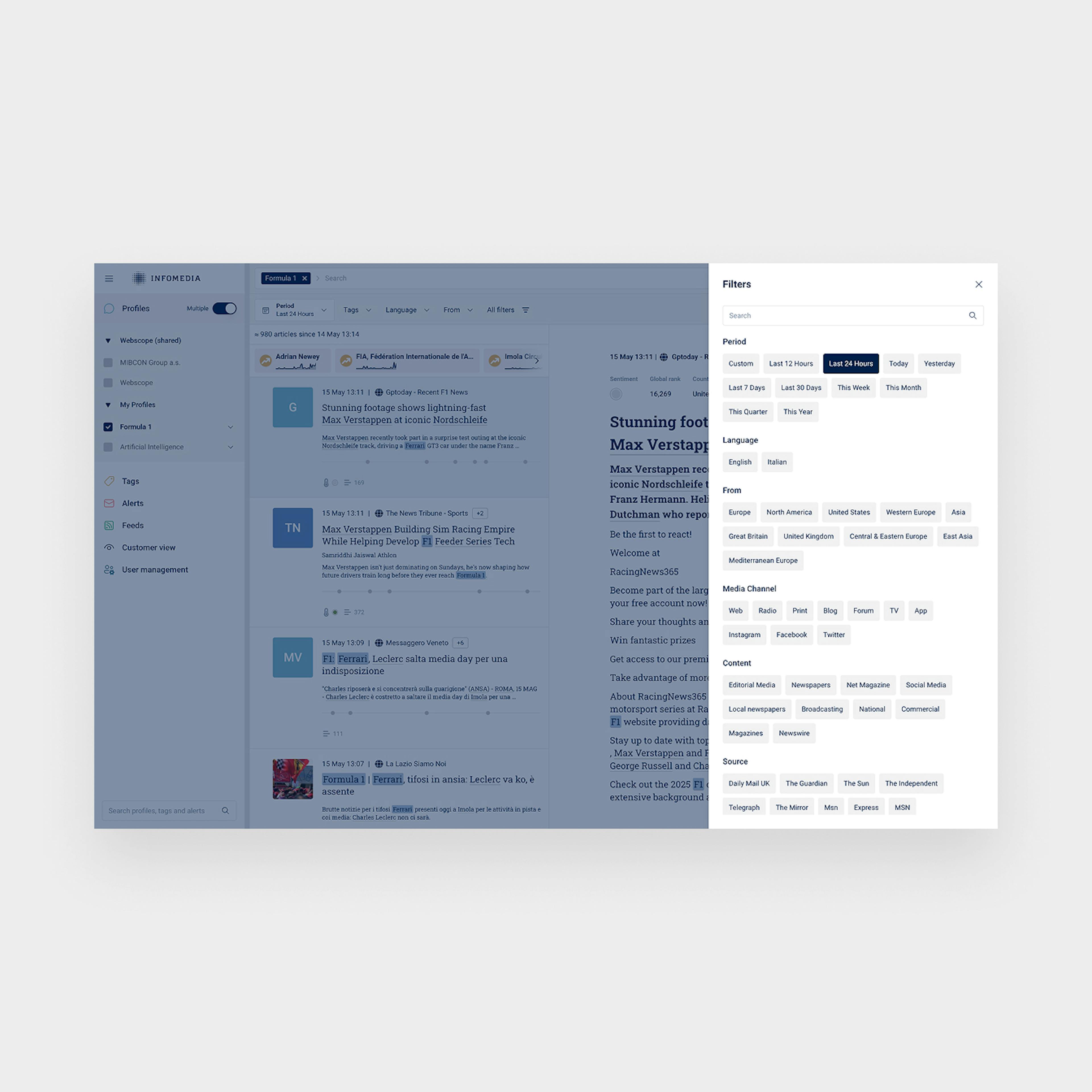 A screenshot of Infomedia's new search filter menu