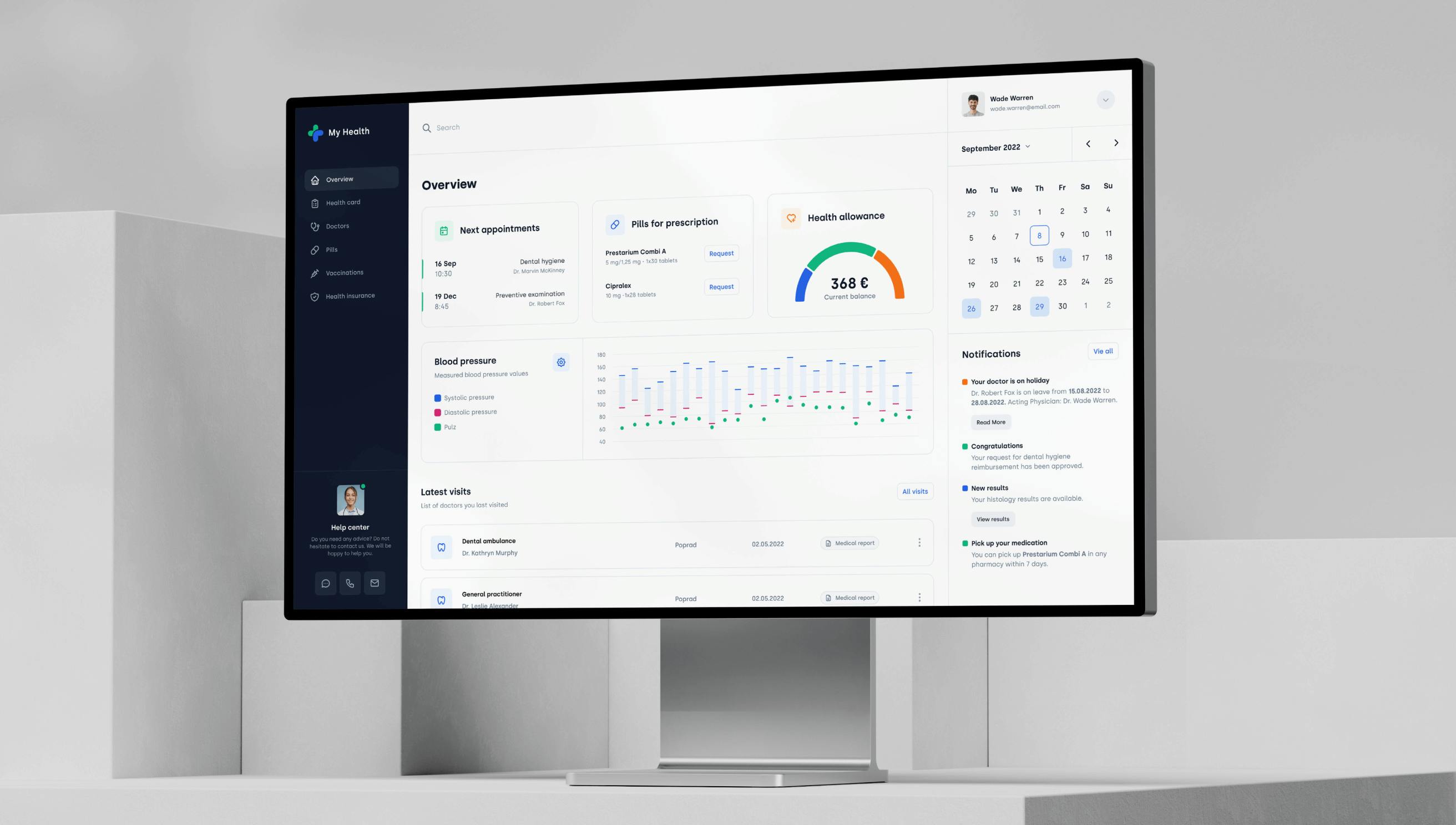 screen showing dashboard of MyHealth web app